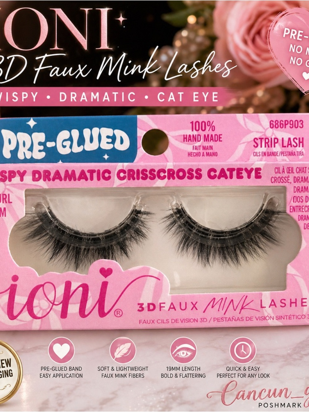 IONI 3D Faux Mink Lashes Wispy Dramatic Cat Eye 19mm Pre-Glued NEW